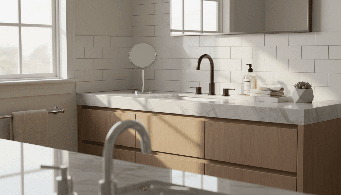 Modern luxury bathroom renovation with pristine finishes and natural lighting