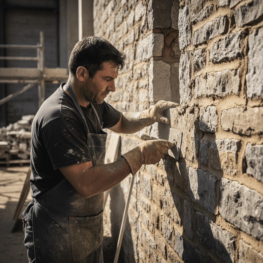 Mason expertly laying stone and applying mortar