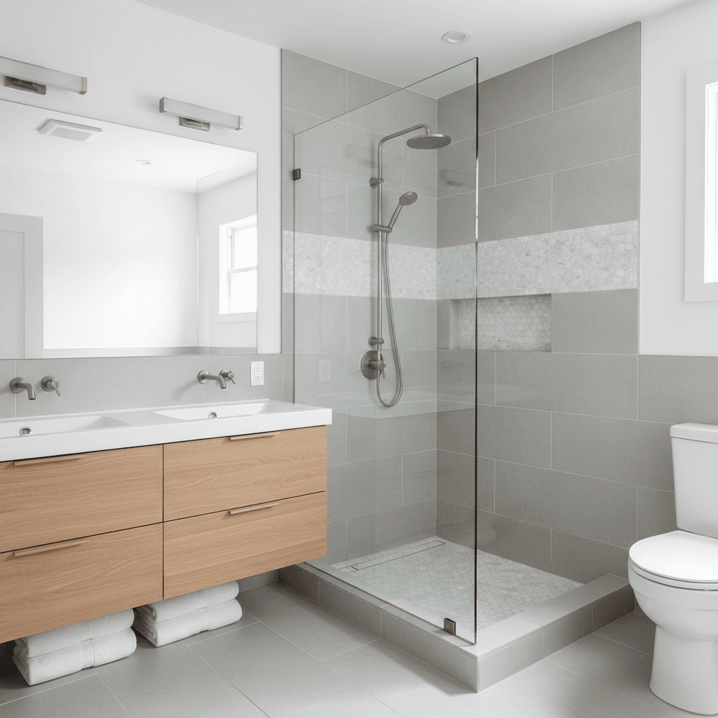 Professionally renovated bathroom with quality tiles and modern fixtures