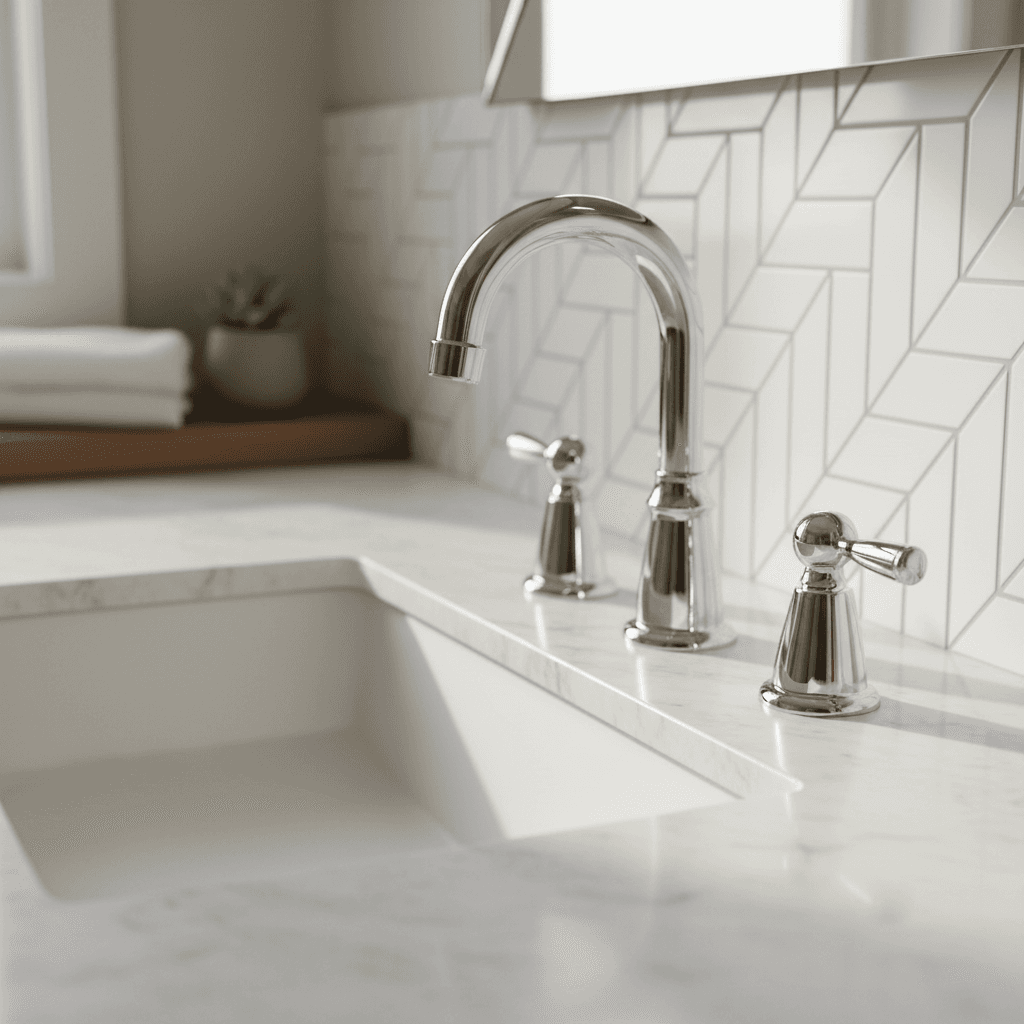 Luxury bathroom vanity with modern fixtures and clean tilework