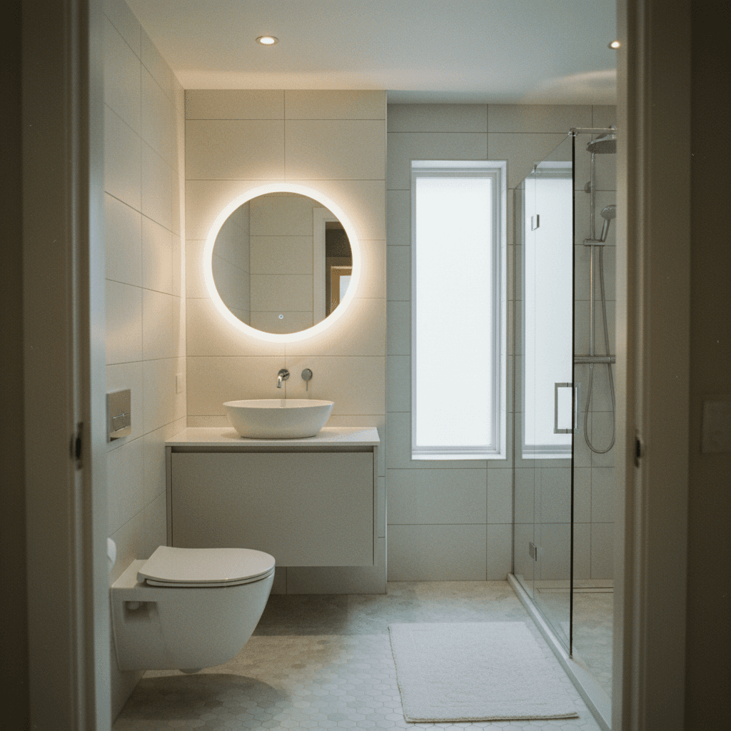 Fully renovated bathroom interior with coordinated modern fixtures and finishes